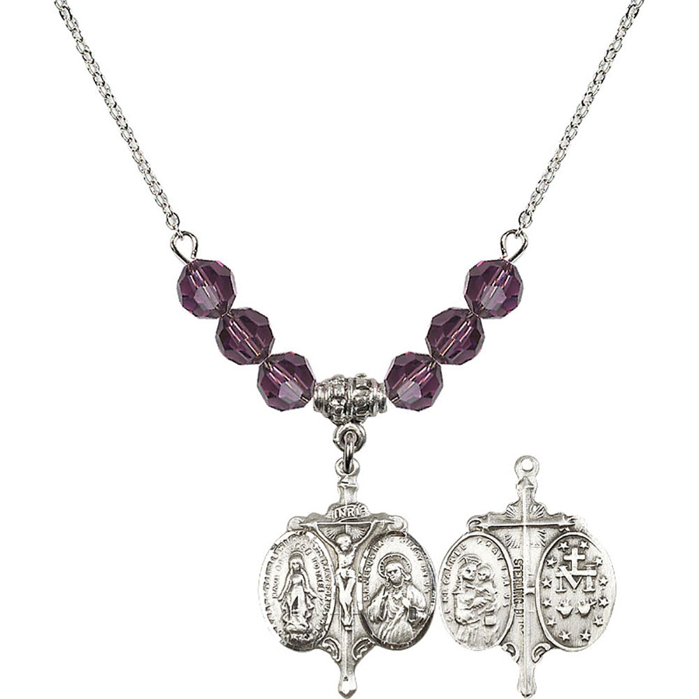 Sterling Silver Novena Birthstone Necklace with Amethyst Beads - 0021