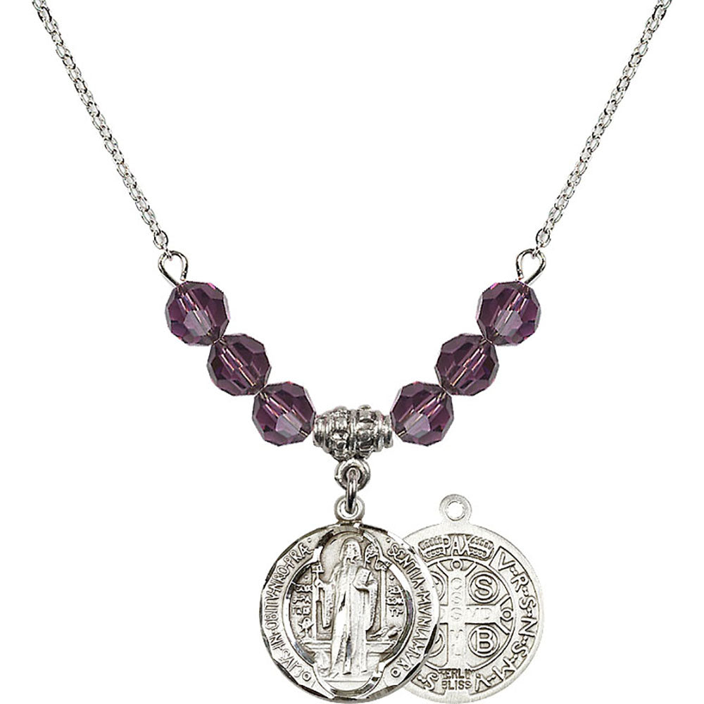 Sterling Silver Saint Benedict Birthstone Necklace with Amethyst Beads - 0026