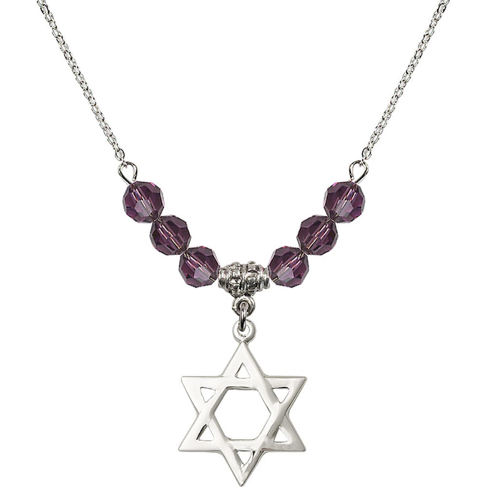 Sterling Silver Star of David Birthstone Necklace with Amethyst Beads - 1210