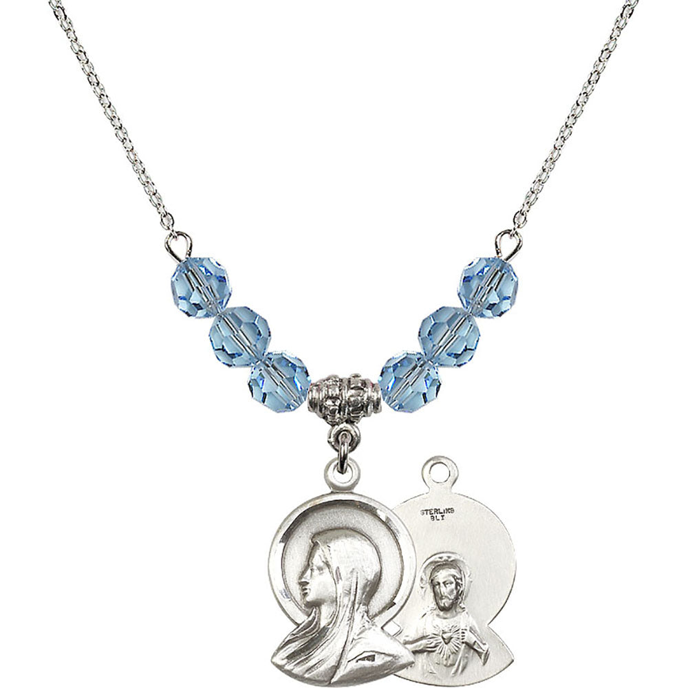 Sterling Silver Madonna Birthstone Necklace with Aqua Beads - 0020