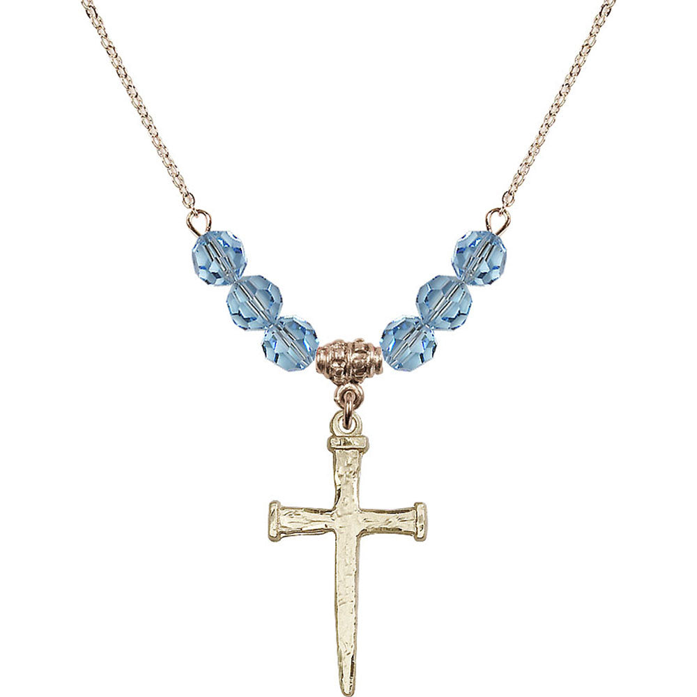 14kt Gold Filled Nail Cross Birthstone Necklace with Aqua Beads - 0085