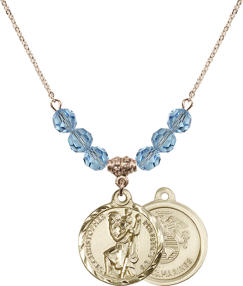14kt Gold Filled Saint Christopher / Marines Birthstone Necklace with Aqua Beads - 0192