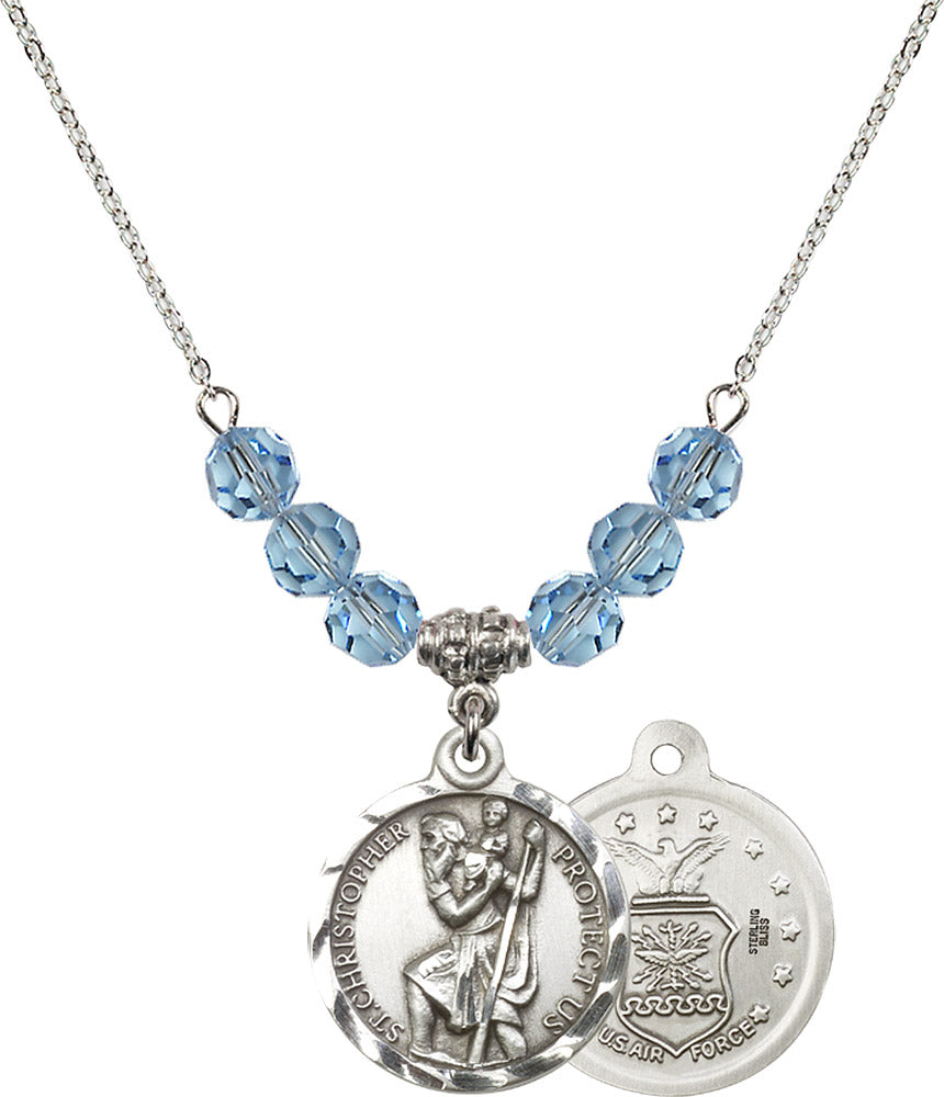 Sterling Silver Saint Christopher / Air Force Birthstone Necklace with Aqua Beads - 0192