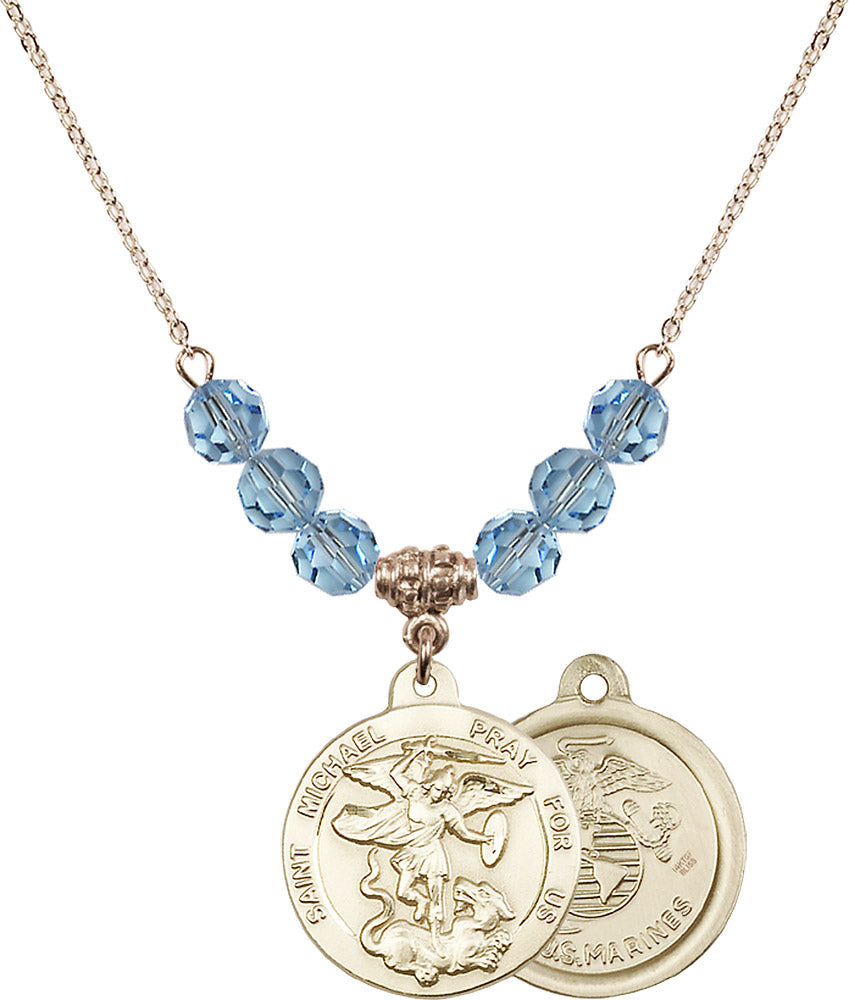 14kt Gold Filled Saint Michael / Marines Birthstone Necklace with Aqua Beads - 0342