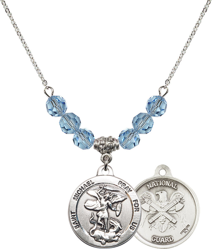 Sterling Silver Saint Michael / Nat'l Guard Birthstone Necklace with Aqua Beads - 0342