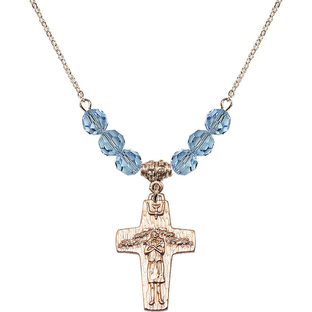 14kt Gold Filled Papal Crucifix Birthstone Necklace with Aqua Beads - 0569