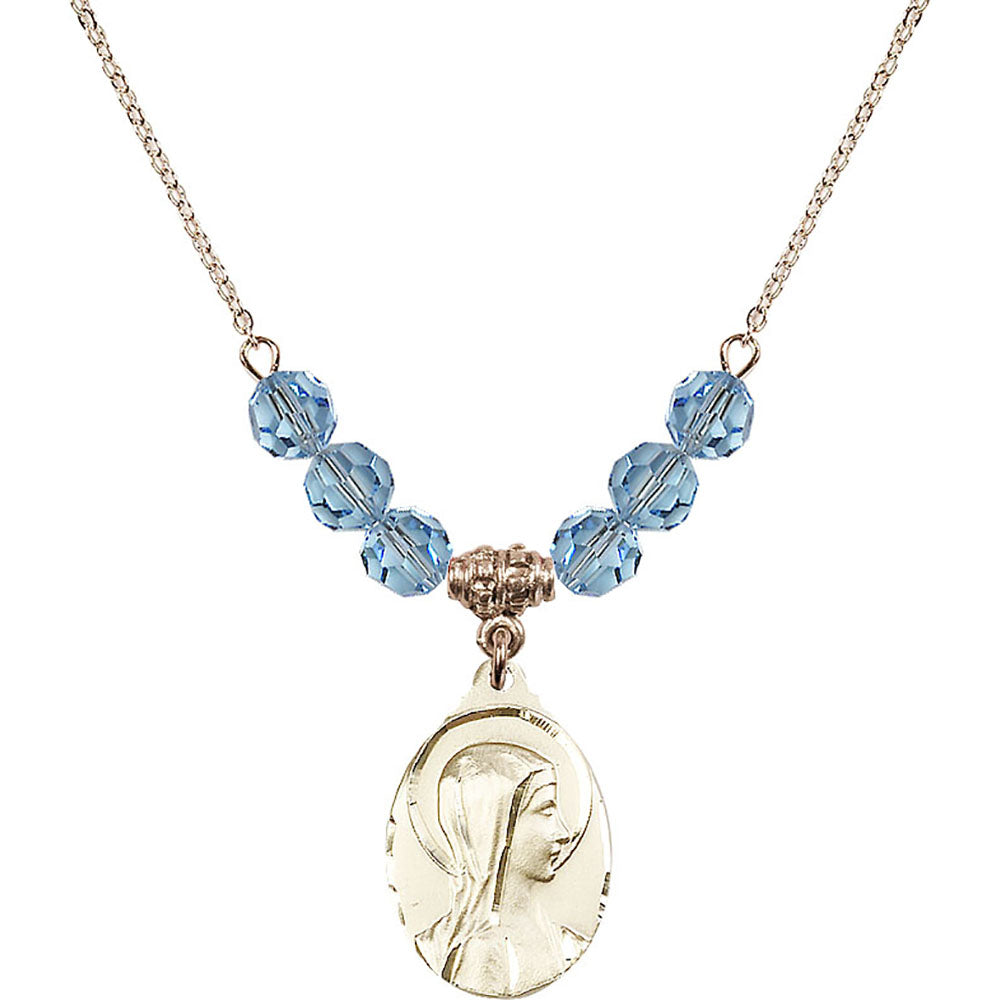 14kt Gold Filled Sorrowful Mother Birthstone Necklace with Aqua Beads - 0599