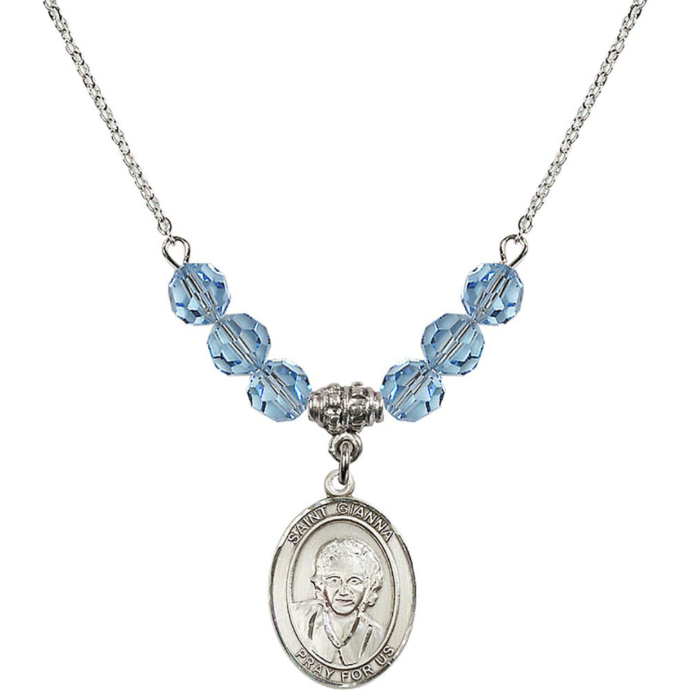 Sterling Silver Saint Gianna Beretta Molla Birthstone Necklace with Aqua Beads - 8322