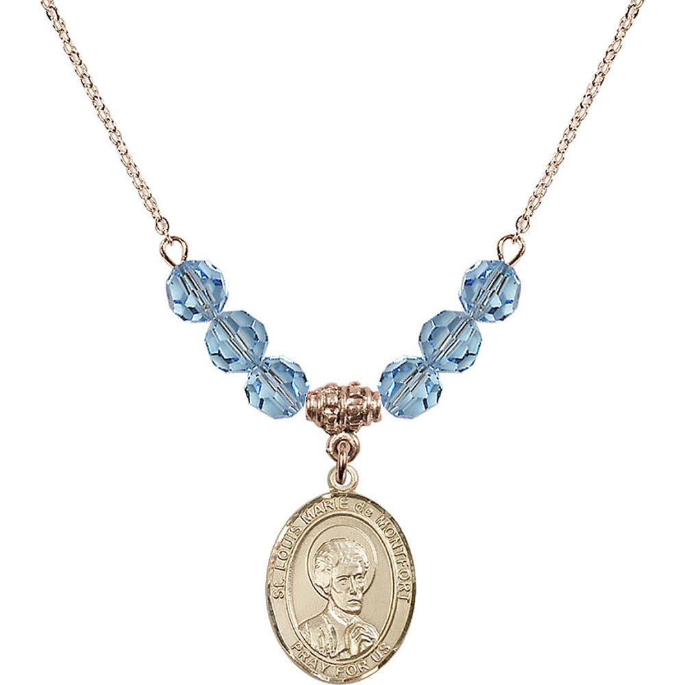 14kt Gold Filled Saint Louis Marie de Montfort Birthstone Necklace with Aqua Beads - 8330