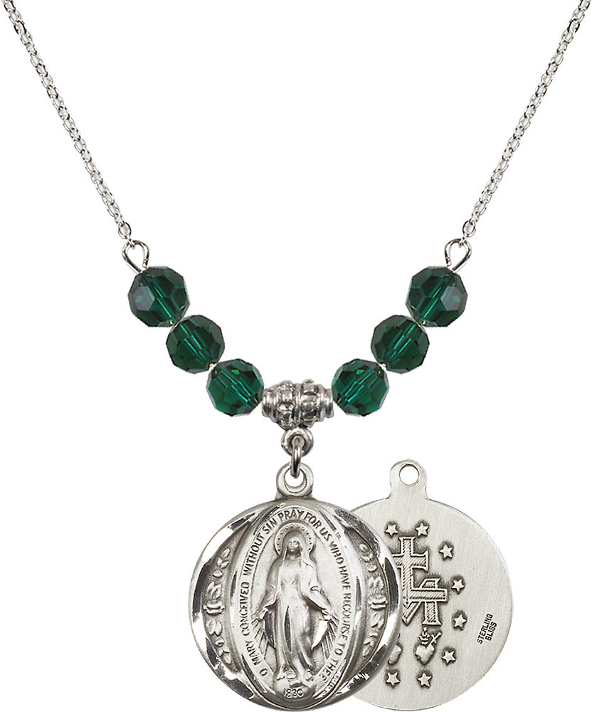 Sterling Silver Miraculous Birthstone Necklace with Emerald Beads - 0017