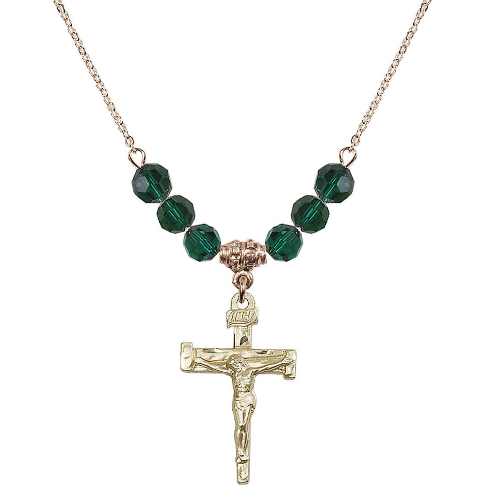 14kt Gold Filled Nail Crucifix Birthstone Necklace with Emerald Beads - 0073