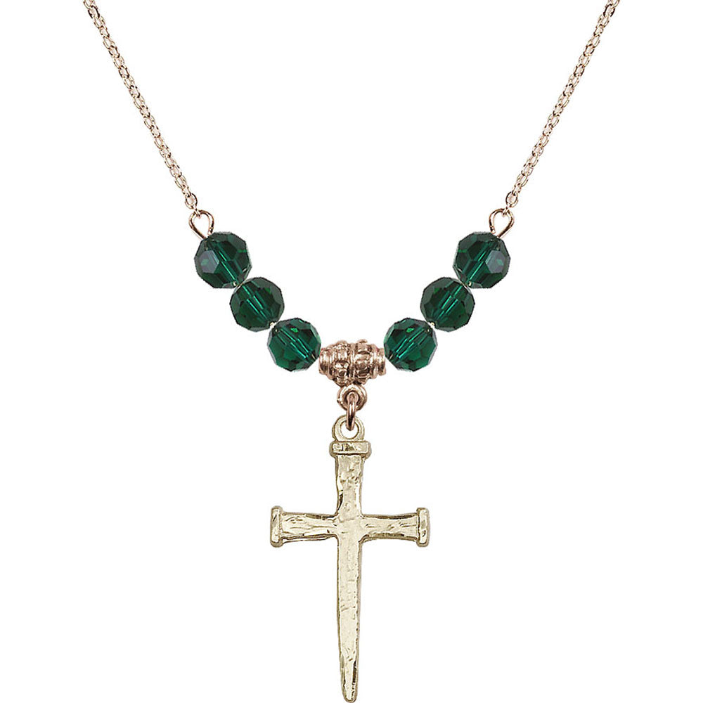 14kt Gold Filled Nail Cross Birthstone Necklace with Emerald Beads - 0085