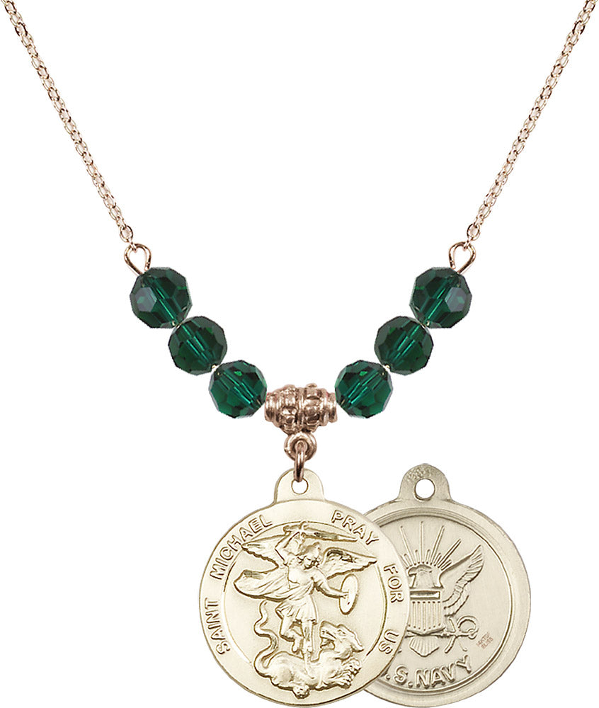 14kt Gold Filled Saint Michael / Navy Birthstone Necklace with Emerald Beads - 0342