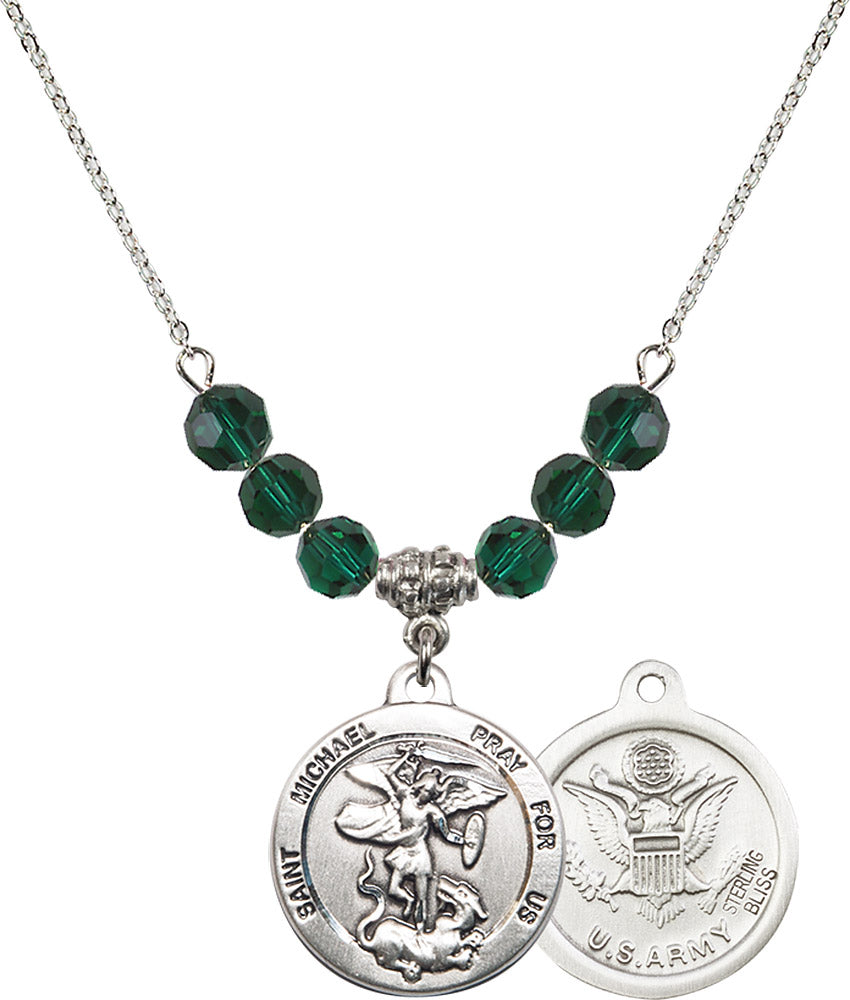 Sterling Silver Saint Michael / Army Birthstone Necklace with Emerald Beads - 0342