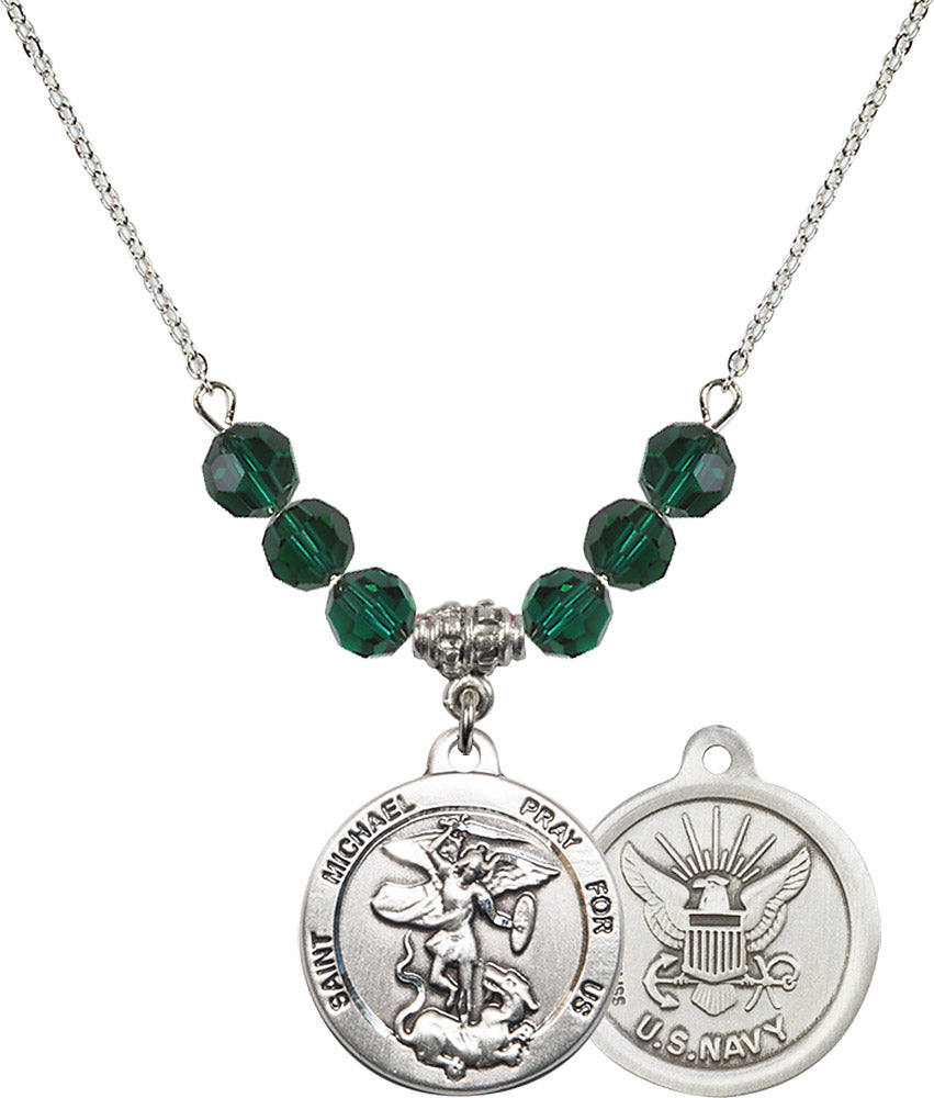 Sterling Silver Saint Michael / Navy Birthstone Necklace with Emerald Beads - 0342