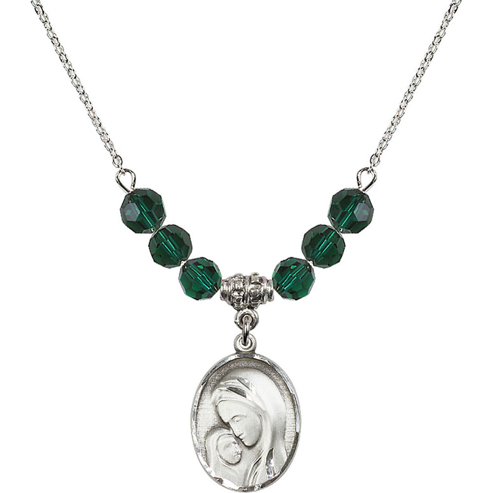 Sterling Silver Madonna & Child Birthstone Necklace with Emerald Beads - 0447