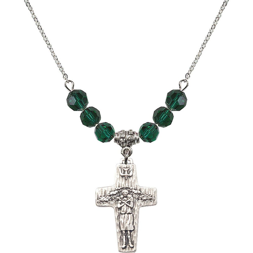 Sterling Silver Papal Crucifix Birthstone Necklace with Emerald Beads - 0569