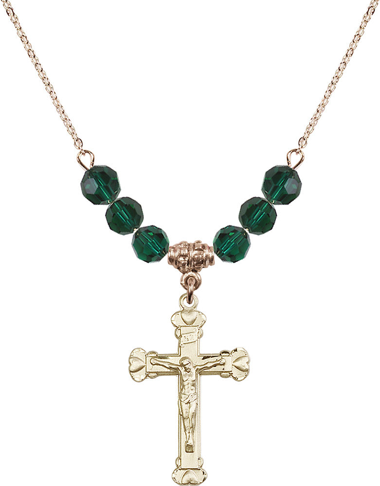 14kt Gold Filled Crucifix Birthstone Necklace with Emerald Beads - 0620