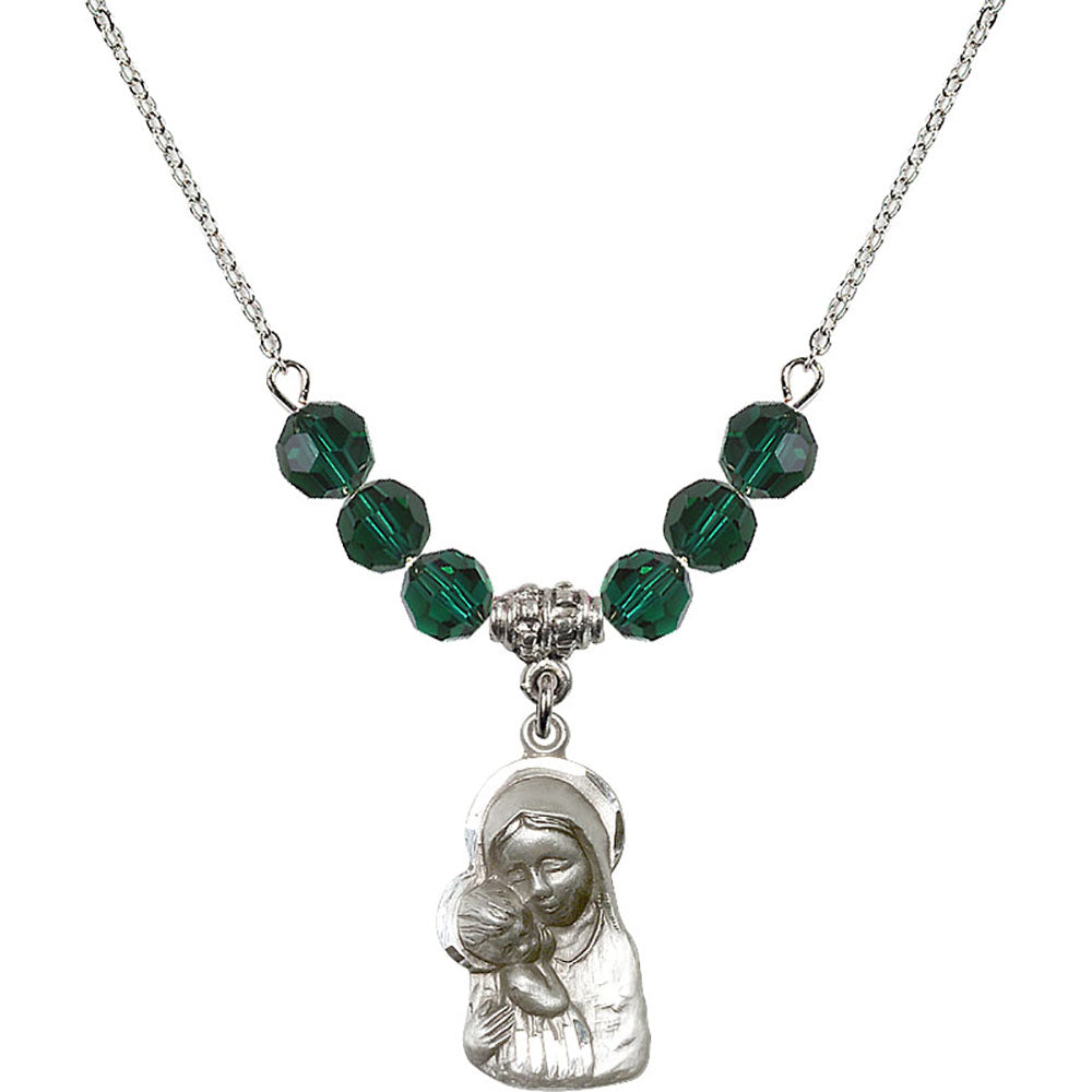 Sterling Silver Madonna & Child Birthstone Necklace with Emerald Beads - 1612