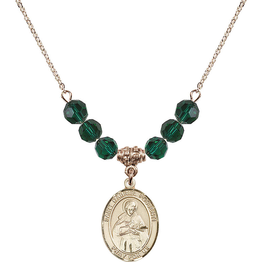 14kt Gold Filled Saint Gabriel Possenti Birthstone Necklace with Emerald Beads - 8279