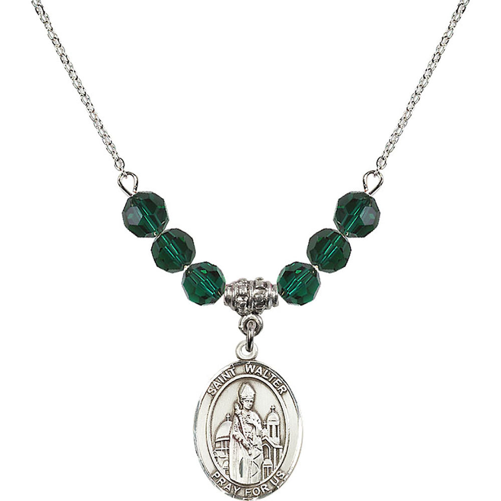 Sterling Silver Saint Walter of Pontoise Birthstone Necklace with Emerald Beads - 8285