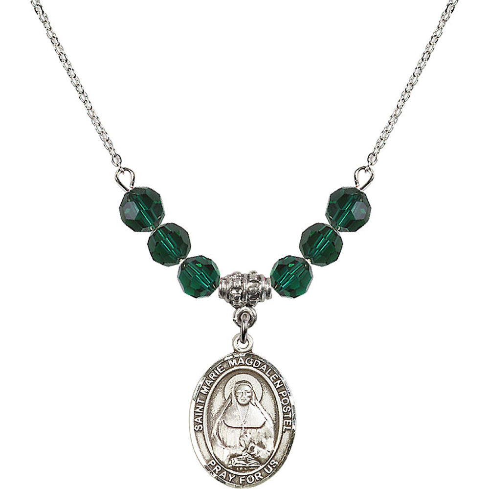 Sterling Silver Saint Marie Magdalen Postel Birthstone Necklace with Emerald Beads - 8294