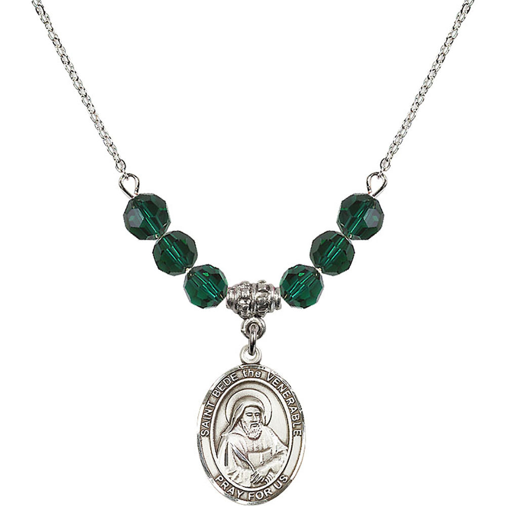 Sterling Silver Saint Bede the Venerable Birthstone Necklace with Emerald Beads - 8302