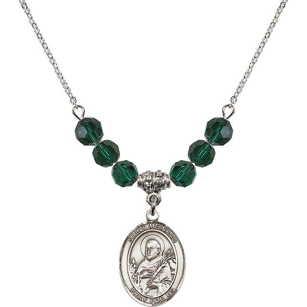 Sterling Silver Saint Meinrad of Einsiedeln Birthstone Necklace with Emerald Beads - 8307