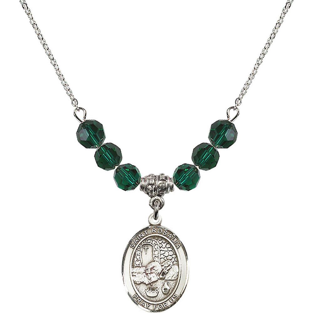 Sterling Silver Saint Rosalia Birthstone Necklace with Emerald Beads - 8309