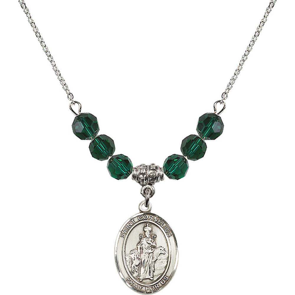 Sterling Silver Saint Cornelius Birthstone Necklace with Emerald Beads - 8325