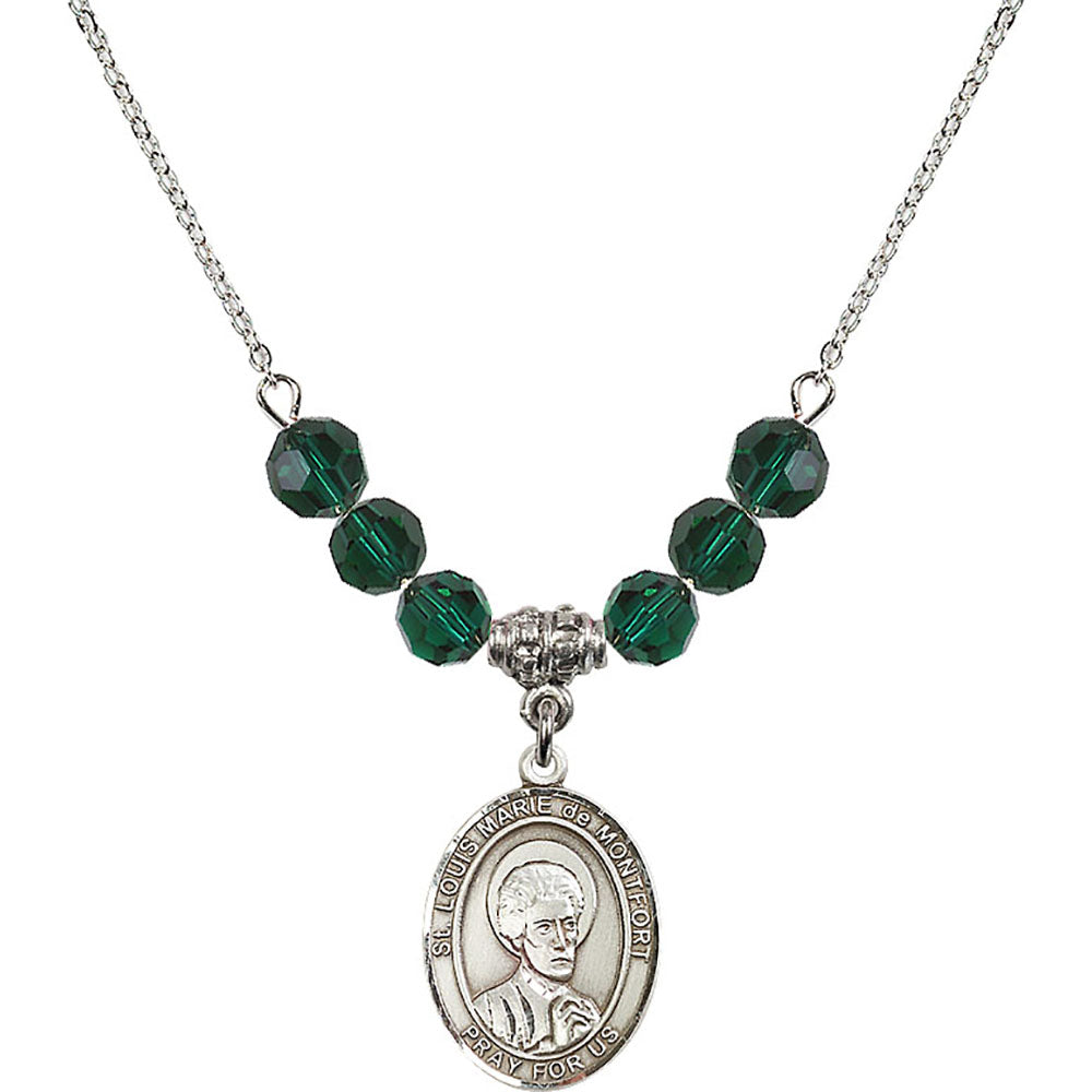 Sterling Silver Saint Louis Marie de Montfort Birthstone Necklace with Emerald Beads - 8330