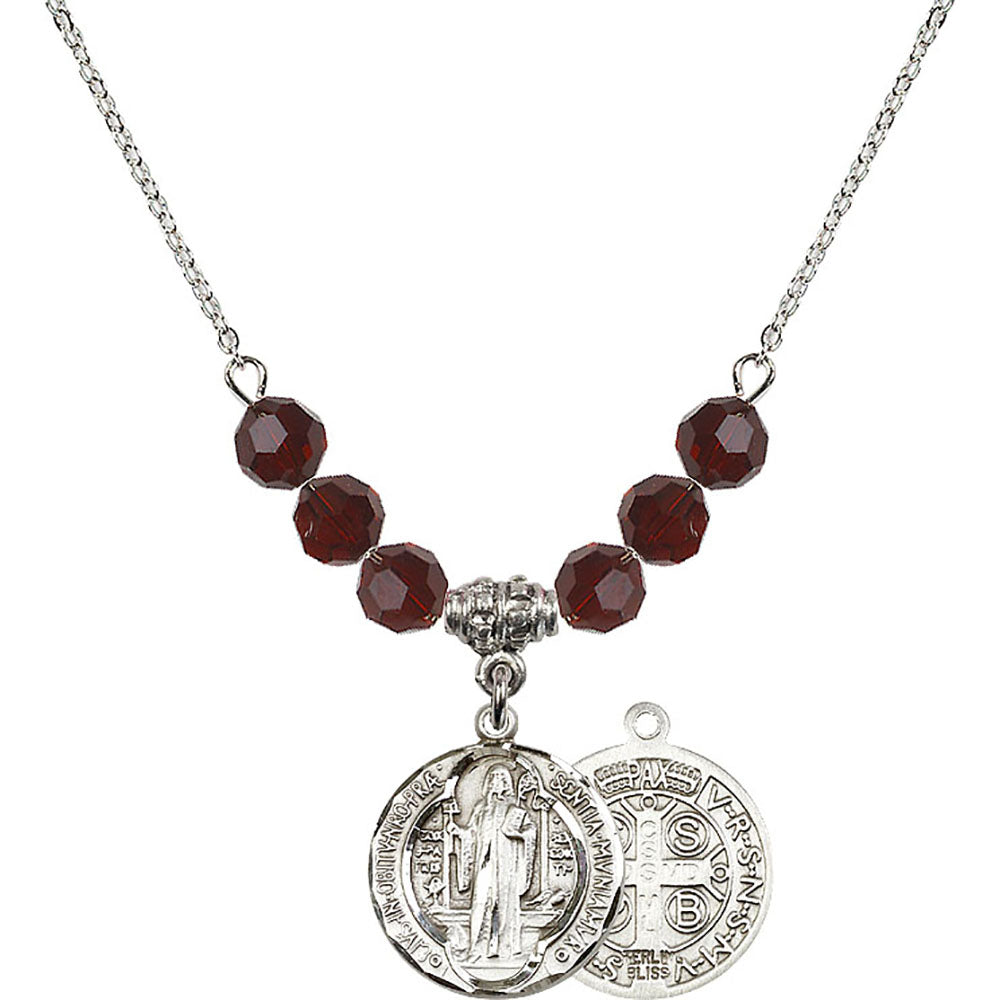 Sterling Silver Saint Benedict Birthstone Necklace with Garnet Beads - 0026