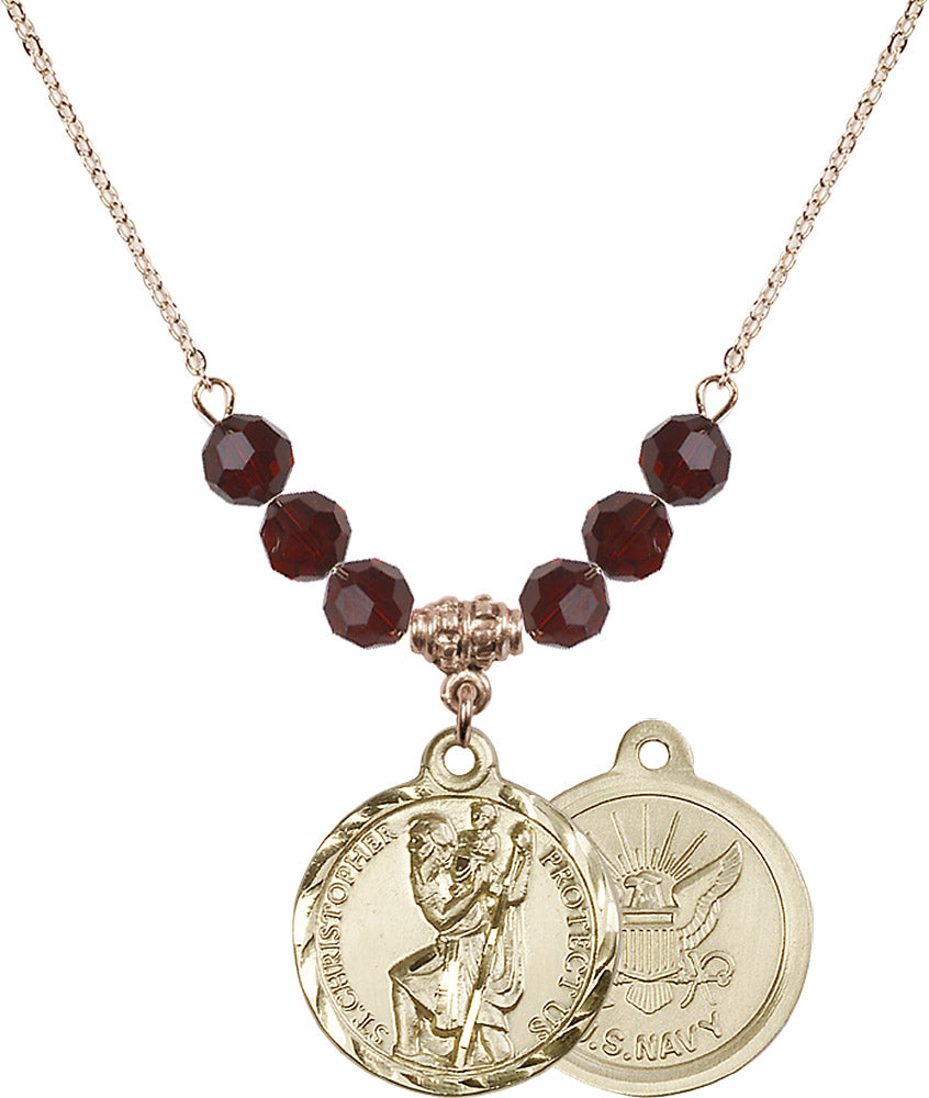 14kt Gold Filled Saint Christopher / Navy Birthstone Necklace with Garnet Beads - 0192