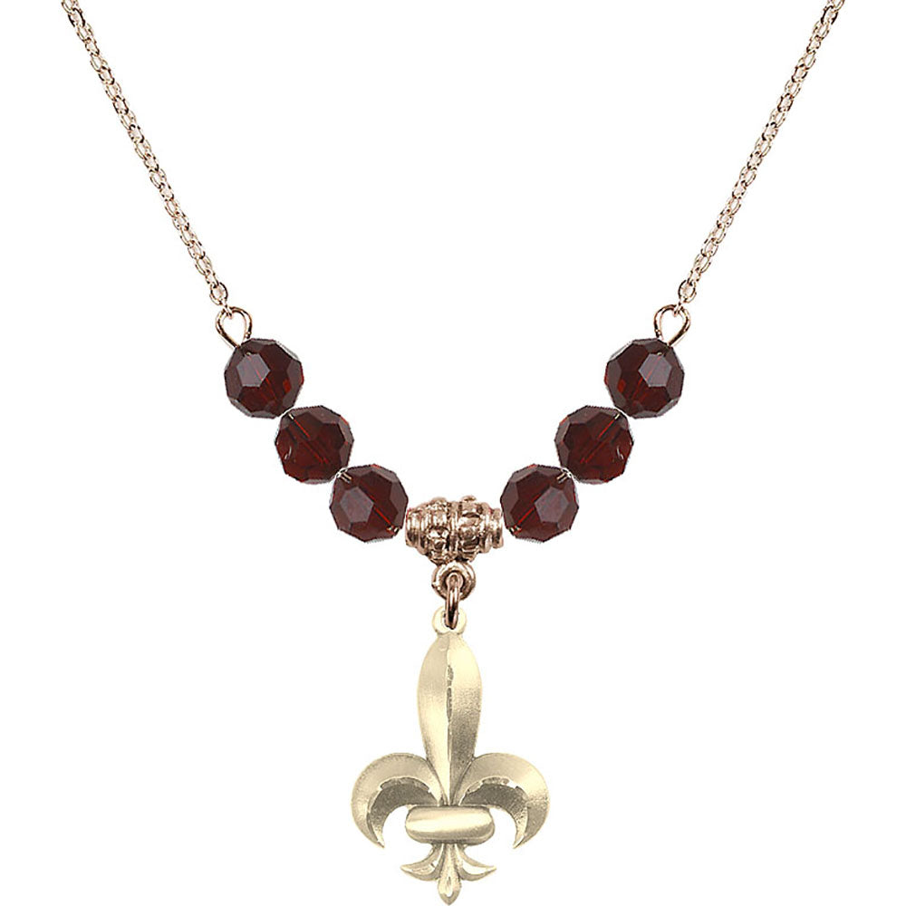 14kt Gold Filled Fleur de Lis Birthstone Necklace with Garnet Beads - 0294