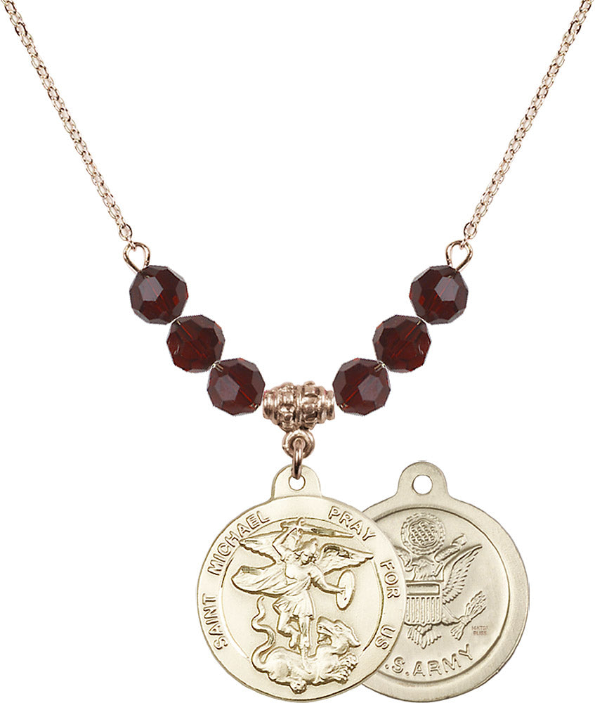 14kt Gold Filled Saint Michael / Army Birthstone Necklace with Garnet Beads - 0342