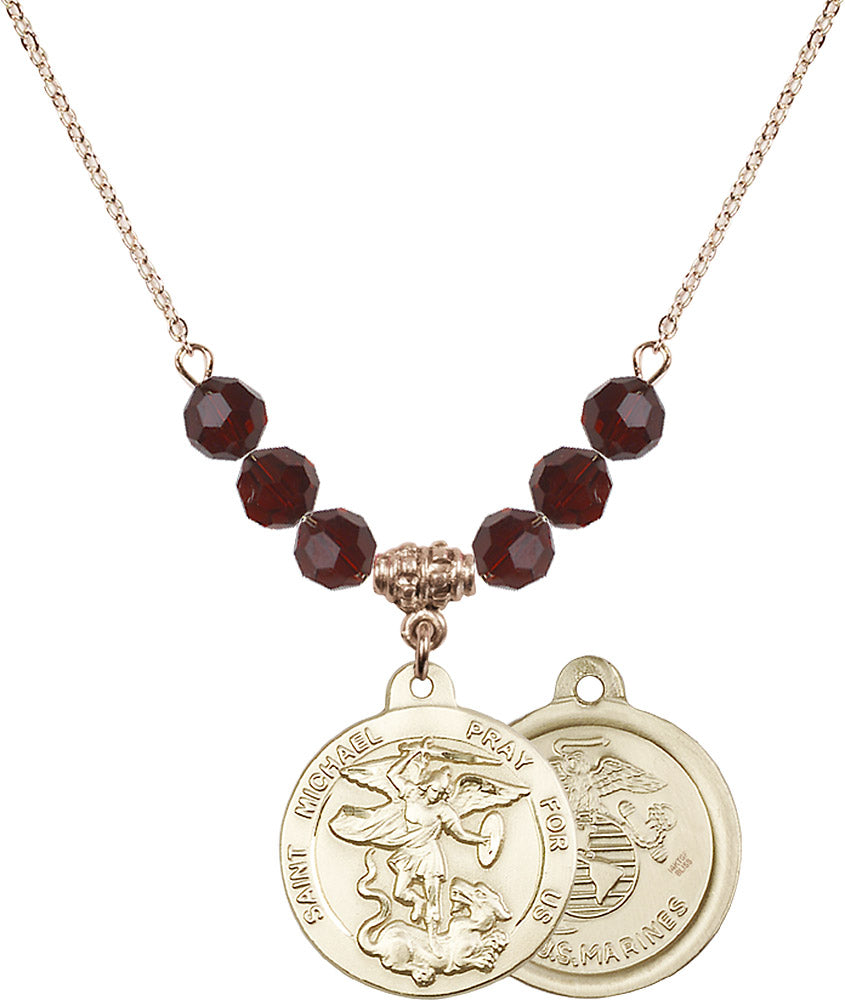 14kt Gold Filled Saint Michael / Marines Birthstone Necklace with Garnet Beads - 0342