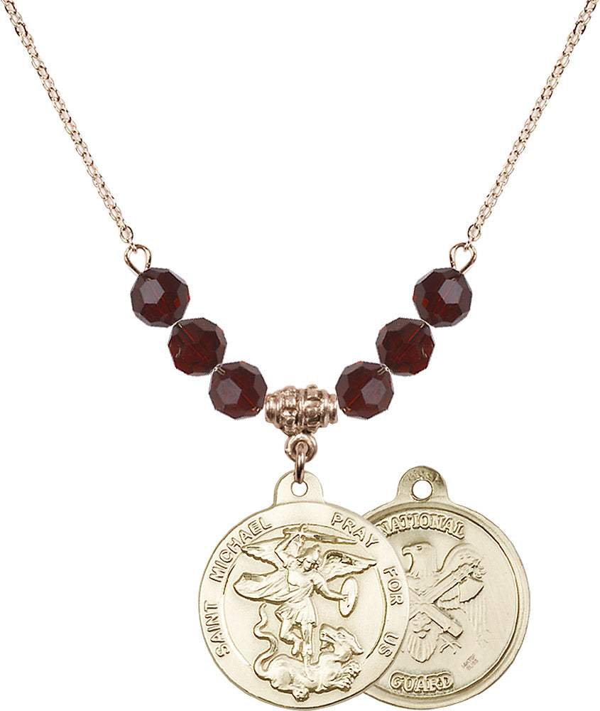 14kt Gold Filled Saint Michael / Nat'l Guard Birthstone Necklace with Garnet Beads - 0342