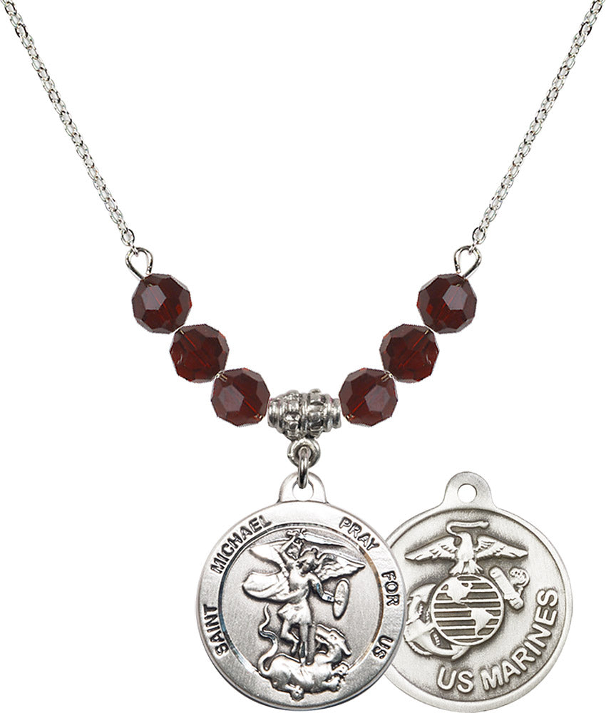 Sterling Silver Saint Michael / Marines Birthstone Necklace with Garnet Beads - 0342