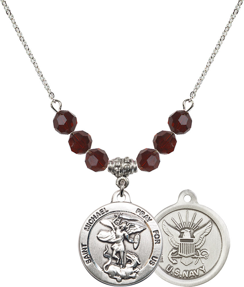 Sterling Silver Saint Michael / Navy Birthstone Necklace with Garnet Beads - 0342