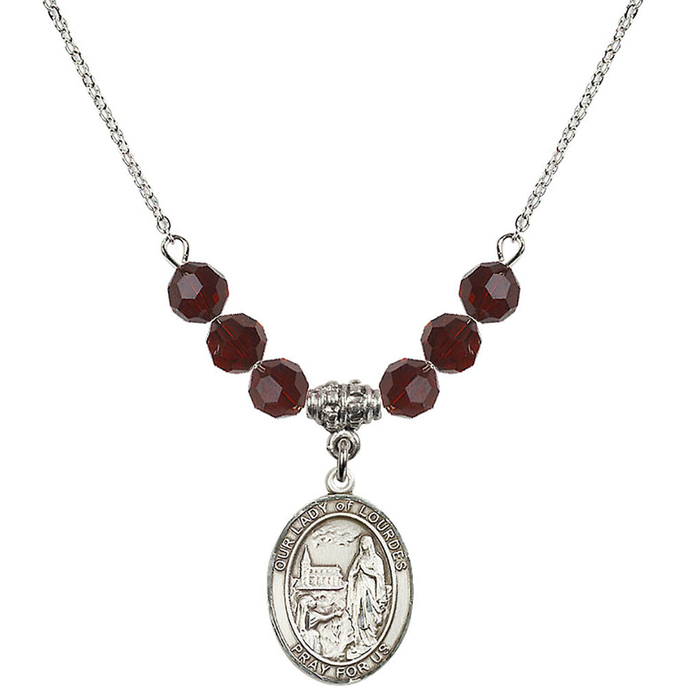 Sterling Silver Our Lady of Lourdes Birthstone Necklace with Garnet Beads - 8288