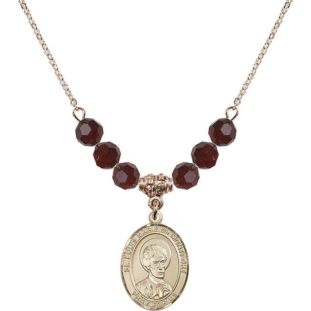 14kt Gold Filled Saint Louis Marie de Montfort Birthstone Necklace with Garnet Beads - 8330