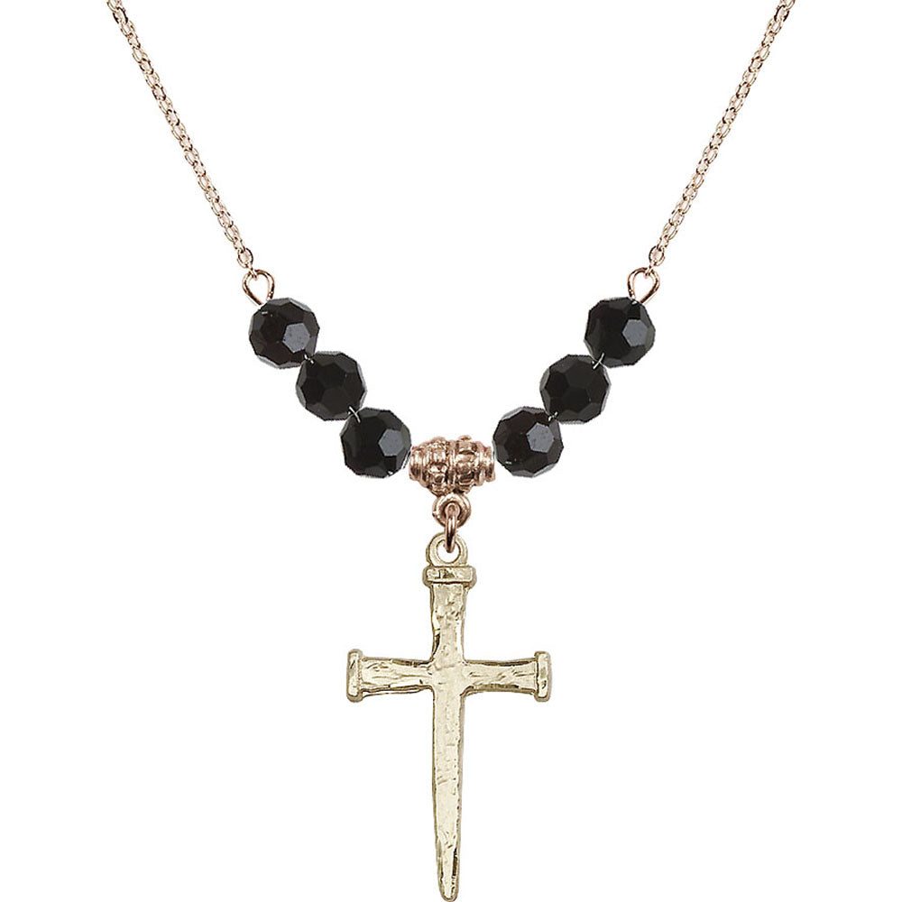 14kt Gold Filled Nail Cross Birthstone Necklace with Jet Beads - 0085