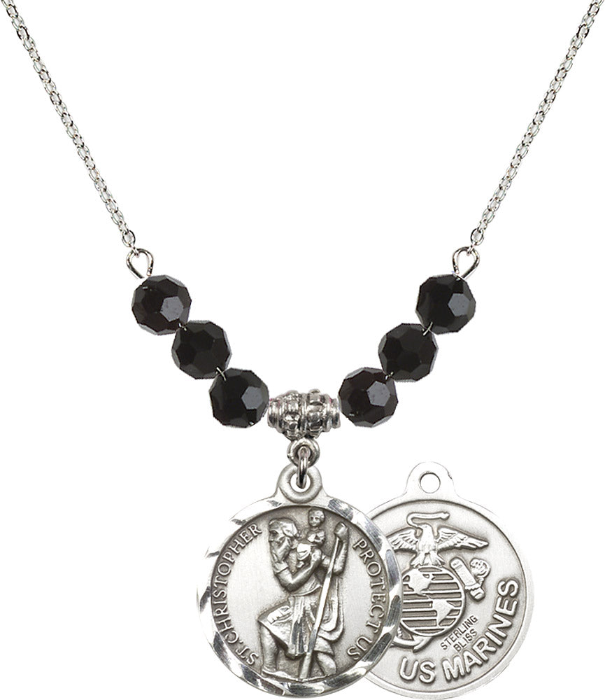 Sterling Silver Saint Christopher / Marines Birthstone Necklace with Jet Beads - 0192