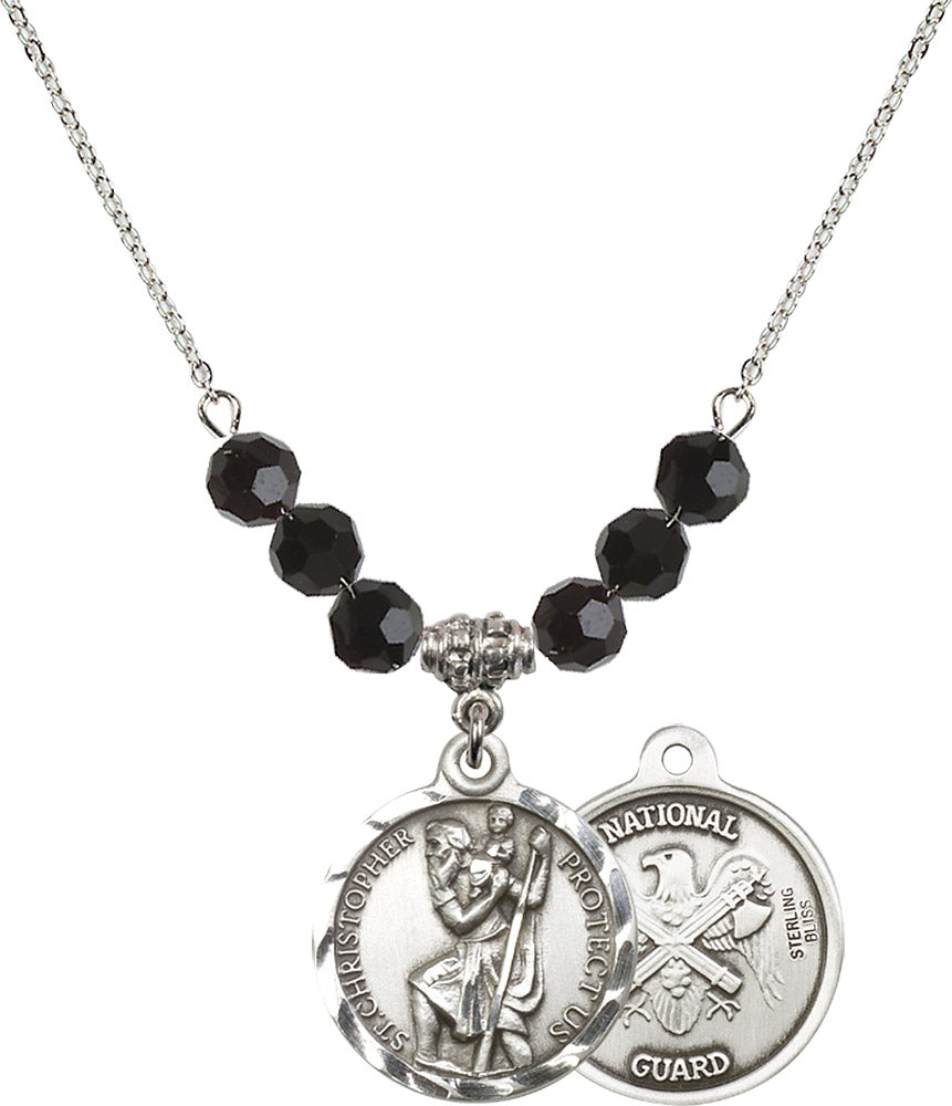 Sterling Silver Saint Christopher / Nat'l Guard Birthstone Necklace with Jet Beads - 0192