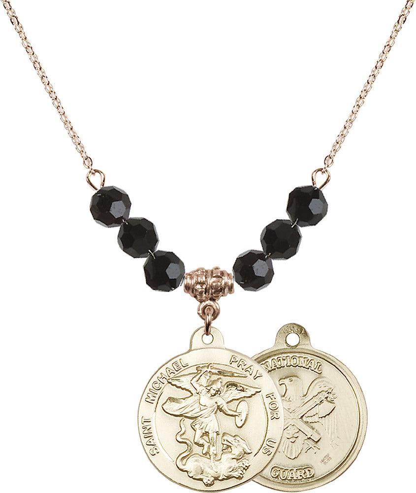 14kt Gold Filled Saint Michael / Nat'l Guard Birthstone Necklace with Jet Beads - 0342