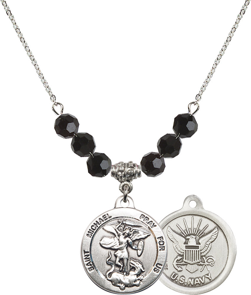 Sterling Silver Saint Michael / Navy Birthstone Necklace with Jet Beads - 0342