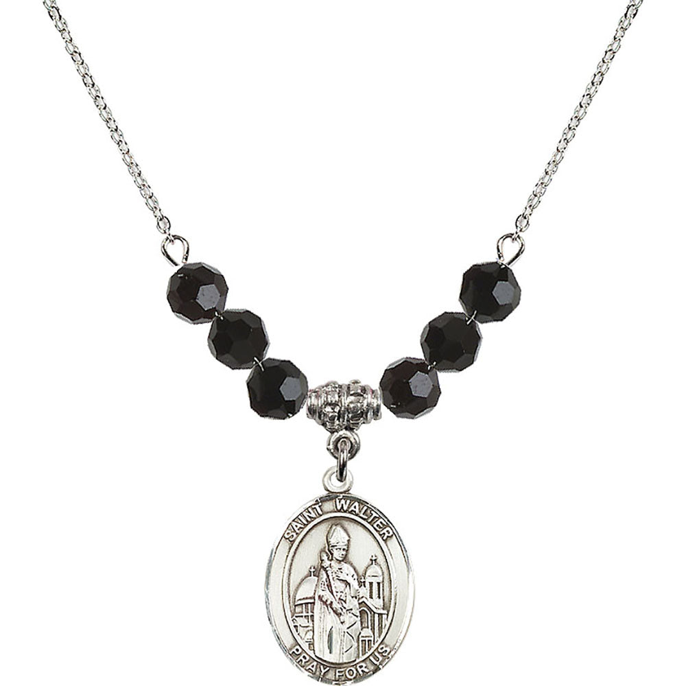 Sterling Silver Saint Walter of Pontoise Birthstone Necklace with Jet Beads - 8285