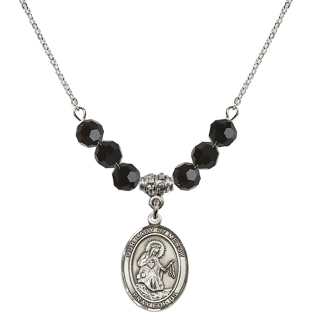 Sterling Silver Our Lady of Mercy Birthstone Necklace with Jet Beads - 8289