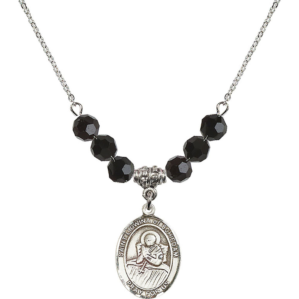 Sterling Silver Saint Lidwina of Schiedam Birthstone Necklace with Jet Beads - 8297