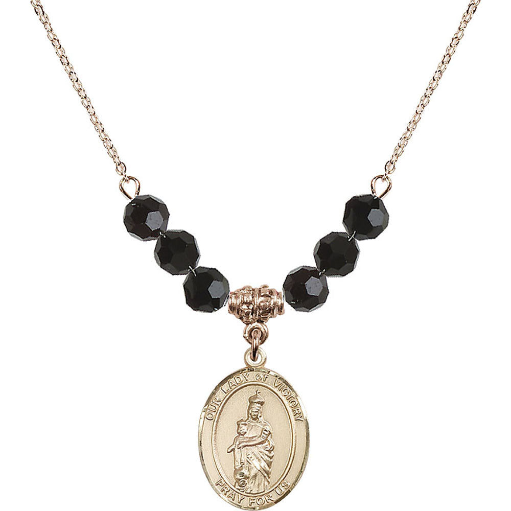 14kt Gold Filled Our Lady of Victory Birthstone Necklace with Jet Beads - 8306